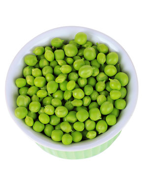 Sweet green peas in bowl isolated on white