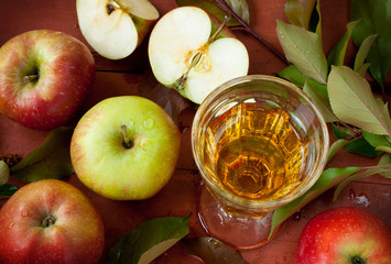 Apples, juice and tree branch with green leaves