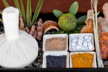 Spa massage setting with thai herbal compress stamps