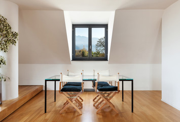 Interior, beautiful loft, hardwood floor, dining table