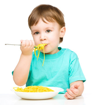 Little Boy Is Eating Spaghetti