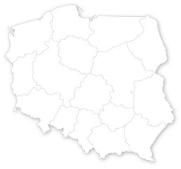 Simple map of Poland with voivodeships on white.