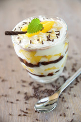 Sojajoghurt mit Mangostückchen und Schokosoße
