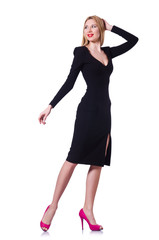 Fototapeta premium Woman in black dress in fashion concept on white