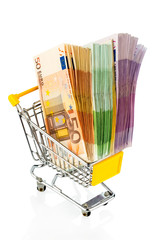 bills in a shopping cart