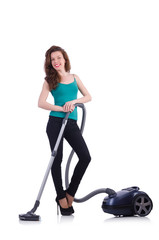 Fototapeta na wymiar Young woman with vacuum cleaner on white