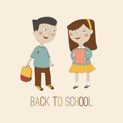 Doodle schoolgirl with book and school boy with schoolbag