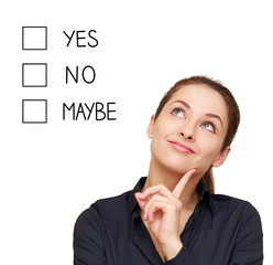 Thinking business woman making decision yes, no or maybe isolate