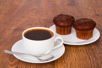 Cup of coffee with chocolate muffins
