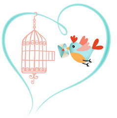 Oiseau hors de la cage tenant une lettre d& 39 amour