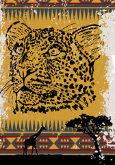 wildlife leopard and giraffe with primitive ornament