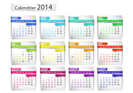 calendrier 2014 rubans multicolores avec fériés