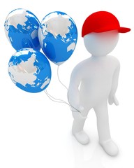 3d man keeps balloons of earth. Global holiday