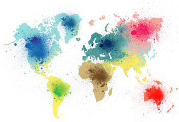 colorful world map with paint splashes
