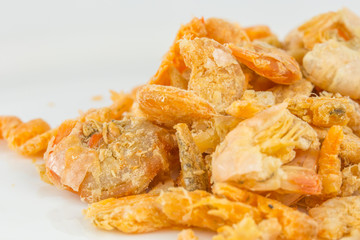 A group of dried shrimps, an asian cooking ingredient.