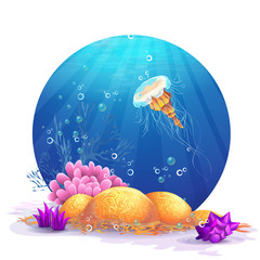 Fototapeta premium Illustration of underwater rocks with seaweed and fish fun.