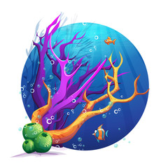 Naklejka premium Illustration of the underwater world with corals and fish fun.
