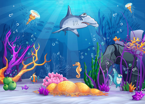 Illustration of the underwater world with  hammerhead shark.