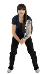 A pretty, athletic female tennis player isolated on a white back