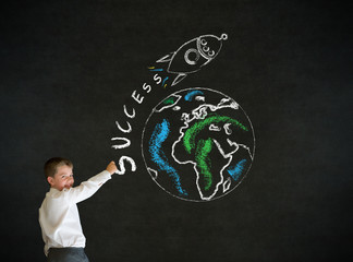 Writing boy business man with chalk globe and jet world travel