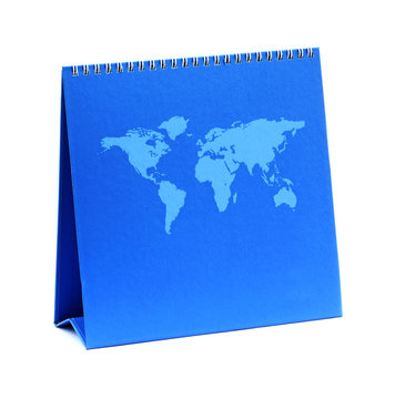 Blank blue calendar with global map isolated on white background