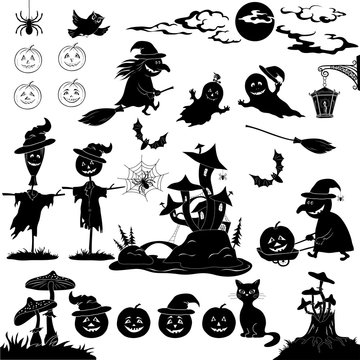 Halloween cartoon, set black silhouette