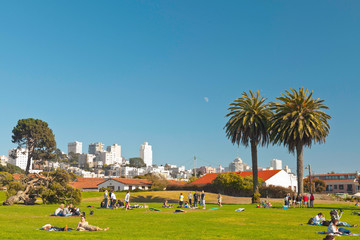 City park in San Francisco with blue sky and moon.