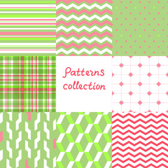 Simple geometric seamless patterns set in red and green, vector
