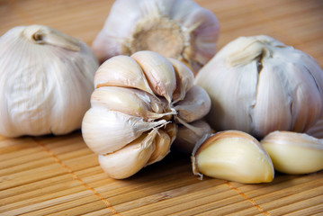 Garlic on bamboo sheet.