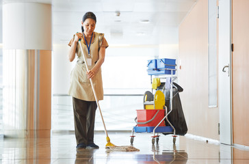 Woman cleaning building hall - obrazy, fototapety, plakaty
