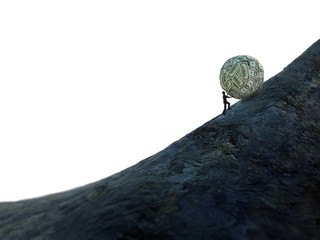 Tiny man pushing a ball of money up hill © Mopic
