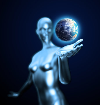 Android holding Earth