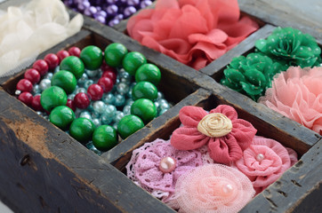 Set of woman's accessories in old wooden box