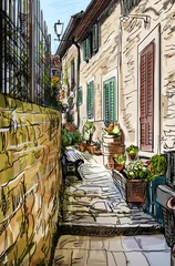Papier Peint photo Café de rue dessiné Vieux bâtiments dans la ville italienne médiévale typique - illustration