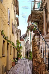 Papier Peint photo Lavable Café de rue dessiné Vieux bâtiments dans la ville italienne médiévale typique - illustration