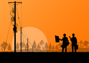 Power high voltage tower with engineer vector background