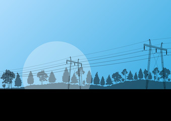 Power high voltage electricity tower line in countryside forest
