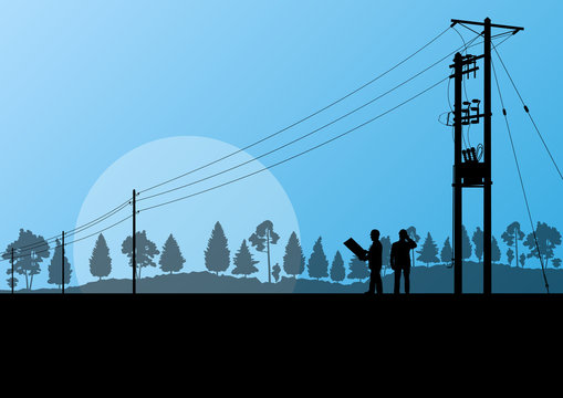 Power High Voltage Tower With Engineer Vector Background