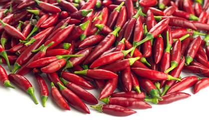 Fresh red home grown garden chili peppers on white