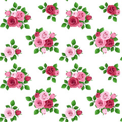 Vector seamless pattern with red and pink roses on white.