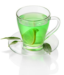 Transparent cup of green tea, isolated on white