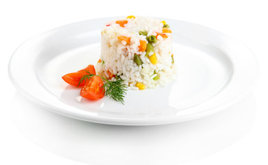 Delicious risotto with vegetables, isolated on white