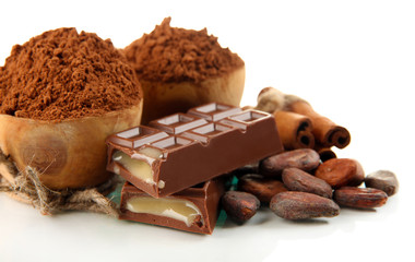 Composition of chocolate sweets, cocoa and spices, isolated