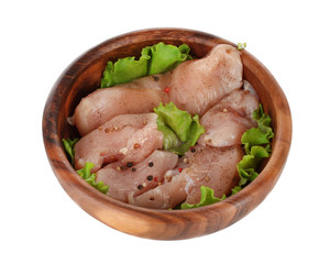 Chicken meat in wooden bowl isolated on white