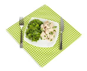 Poster Boiled meat on plate on napkin isolated on white © Africa Studio