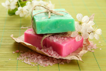 Natural handmade soap on bamboo mat