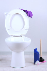 White toilet bowl and  cleaner bottle in a bathroom
