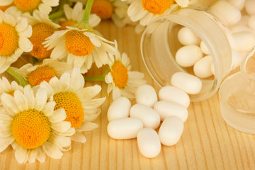 Fototapeta na wymiar Medicine chamomile flowers on wooden table