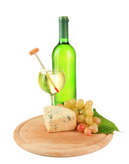 Wine, tasty blue cheese and grape