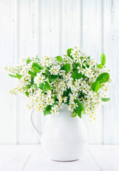 Bouquet of white bird cherry branches